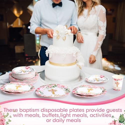 Pickmesh 250 Pcs Pink Baptism Cross Disposable Tableware Set