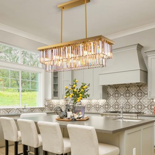 Siljoy 10 Lights Gold Rectangular Chandelier 2 Tiers Crystal Flush Mount Ceiling Light