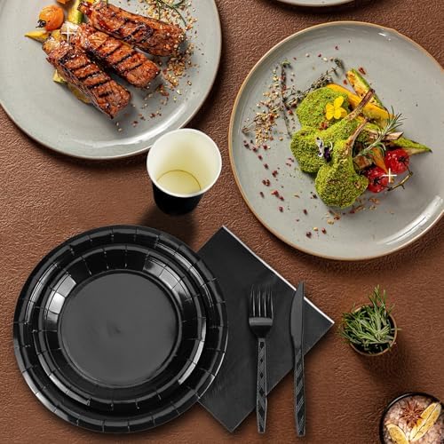 NASUN 192 Piece Solid Black Party Tableware Set