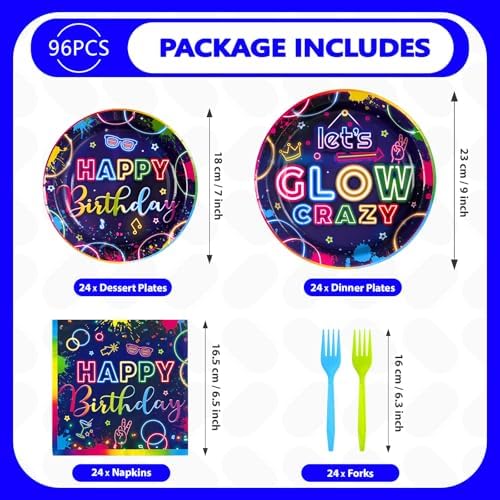 Grencian 96Pcs Neon Glow Party Tableware Set