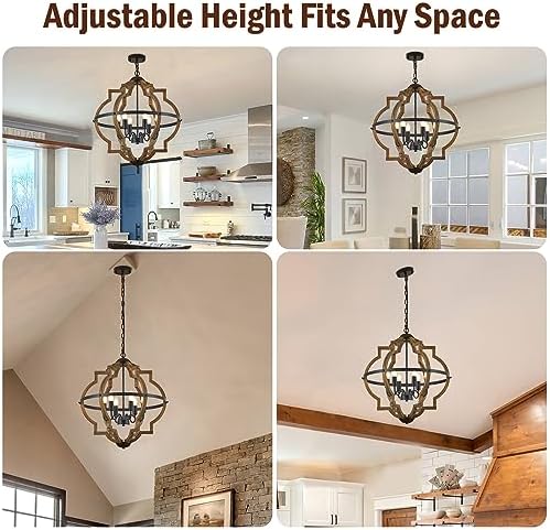 6-Light Farmhouse Wood Pendant Light with Adjustable Height