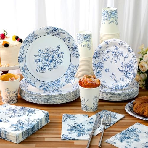 Nitial 200 Piece Blue and White Flower Disposable Tableware Set