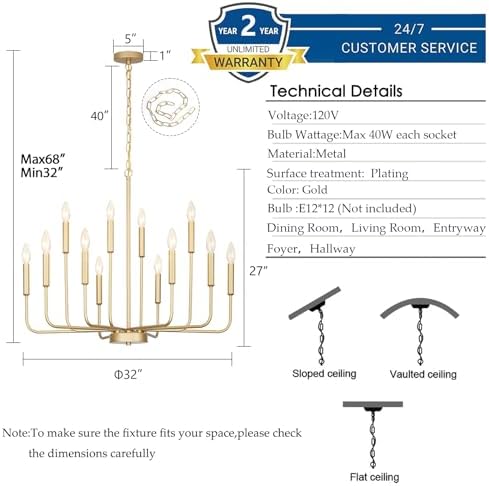 Gifarich 12-Light Gold Chandelier for Dining Room