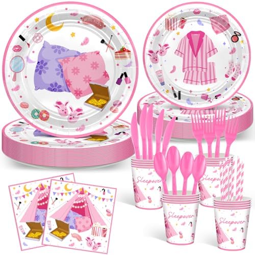 Avezano 192 Pcs Pink Sleepover Party Plates Napkins Set for 24 Guests