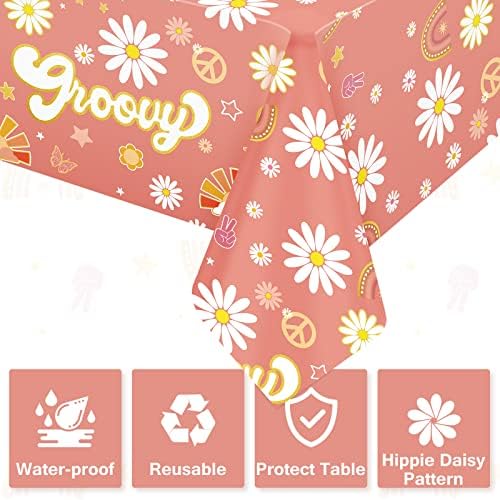 3 Pcs Groovy Table Covers Retro Daisy Rainbow Plastic Tablecloths