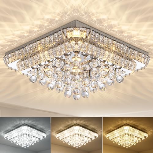 24 Inch Crystal Flush Mount Ceiling Light with Remote Control
