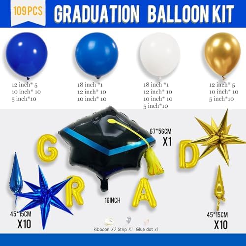 Royal Blue and Gold Graduation Balloon Garland Kit 109Pcs