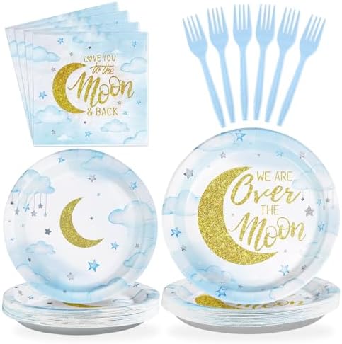 Grencian 96 Pcs Pastel Blue Moon Baby Shower Plates Set