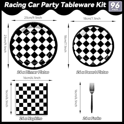 96 Piece Racing Themed Party Set - Checkered Tableware
