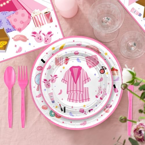 Avezano 192 Pcs Pink Sleepover Party Plates Napkins Set for 24 Guests