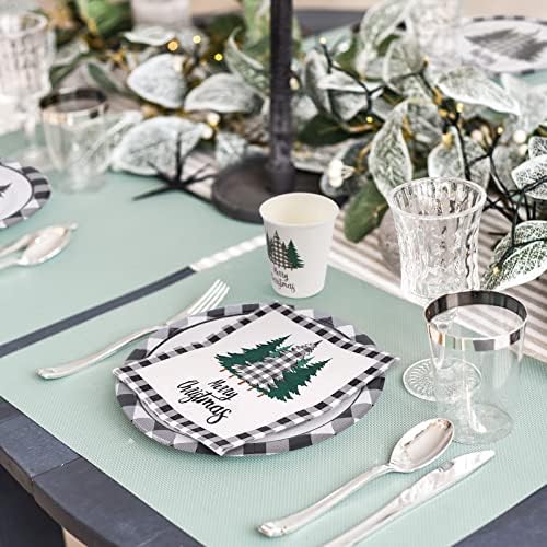 Whaline 100Pcs Christmas Tableware Set Plaid Tree Party Decor