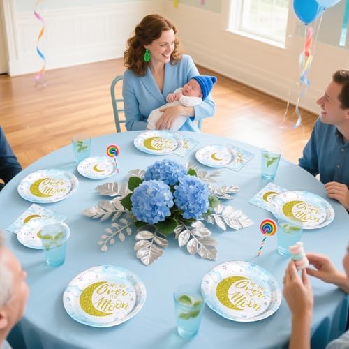 Grencian 96 Pcs Pastel Blue Moon Baby Shower Plates Set
