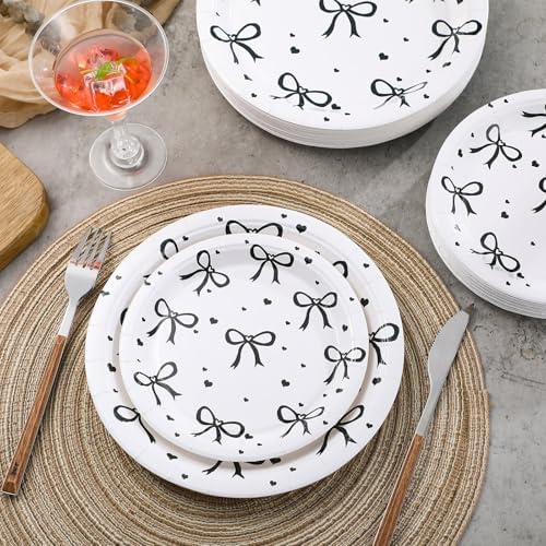 Sieral 60 Pcs Black and Pink Bow Paper Plates for Parties