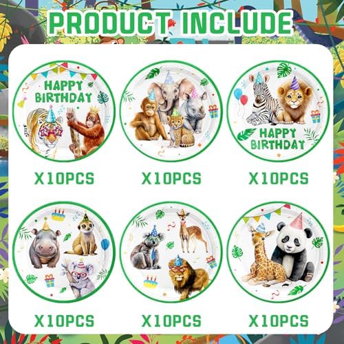 VDESFUEBY 60 Pcs Jungle Animals Party Plates
