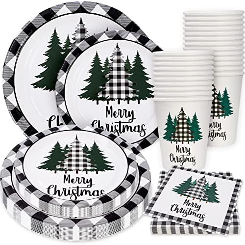 Whaline 100Pcs Christmas Tableware Set Plaid Tree Party Decor