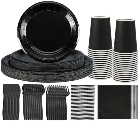 NASUN 192 Piece Solid Black Party Tableware Set