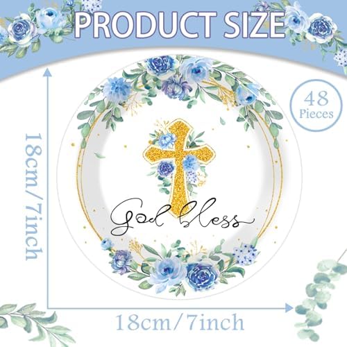 48PCS God Bless Baptism Party Blue Floral Plates