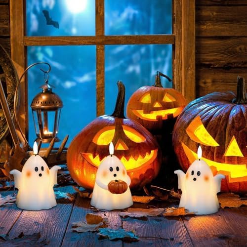 Wondise Halloween Flameless Candles with Timer Spooky Ghost Set
