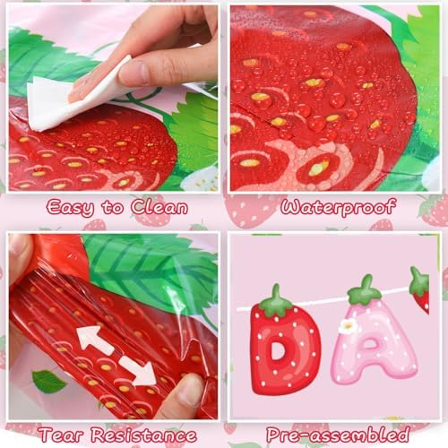 3 Pcs Strawberry Tablecloth Birthday Banner Party Supplies