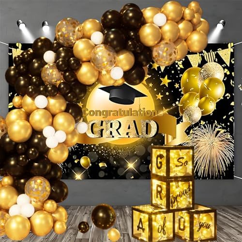 2025 Graduation Party Decorations 132Pcs Black Gold Balloons Garland Kit