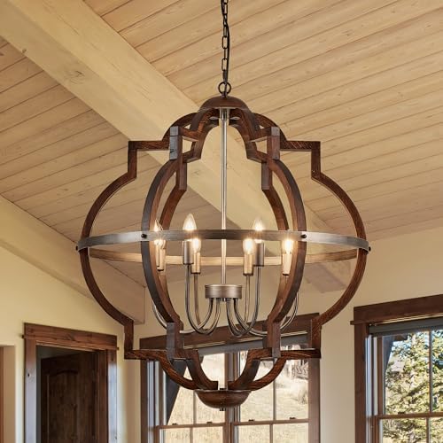 315 Inch 8 Light Farmhouse Chandelier with Red Wood Frame