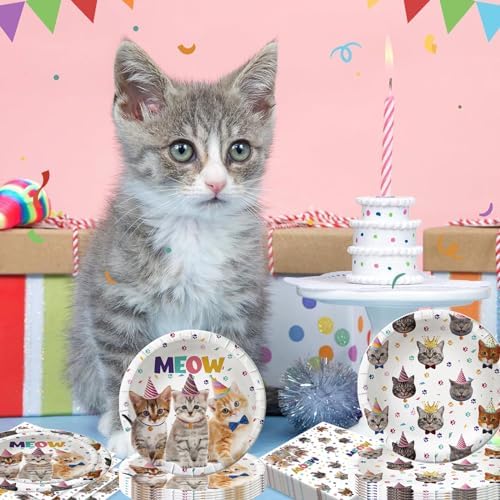BAIFNEZ Cat Birthday Plates Napkins Set