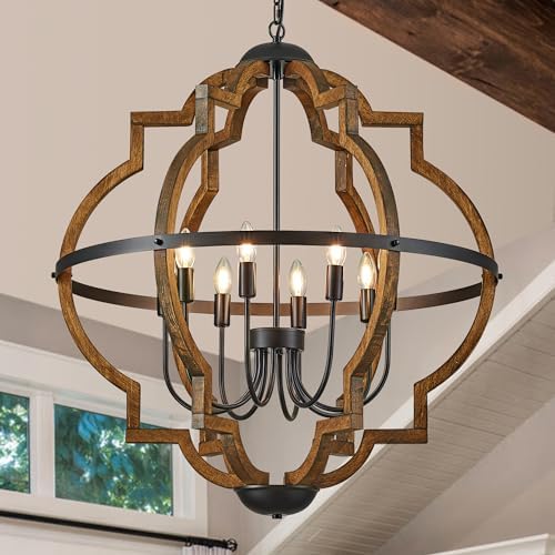 8-Light Farmhouse Wood Pendant Light with Adjustable Height