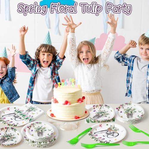 Spring Tulip Party Tableware Set - 96Pcs Plates Napkins Forks
