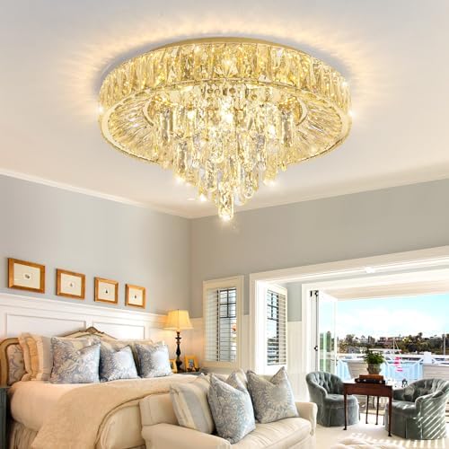 Modern Crystal Chandelier with Dimmable LED Light Remote Control Flush Mount Ceiling Light