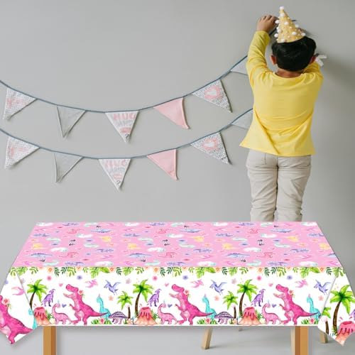 Watercolor Dinosaur Party Table Cloth Pink 3pcs