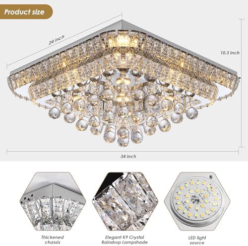 24 Inch Crystal Flush Mount Ceiling Light with Remote Control