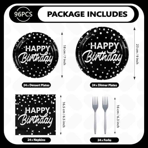 Grencian 96Pcs Black and Silver Birthday Plates Napkins Forks Set