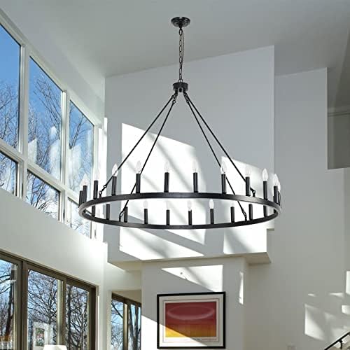 BAOURE 48 Inch Black Wagon Wheel Chandelier 24 Light Modern Farmhouse Pendant Light
