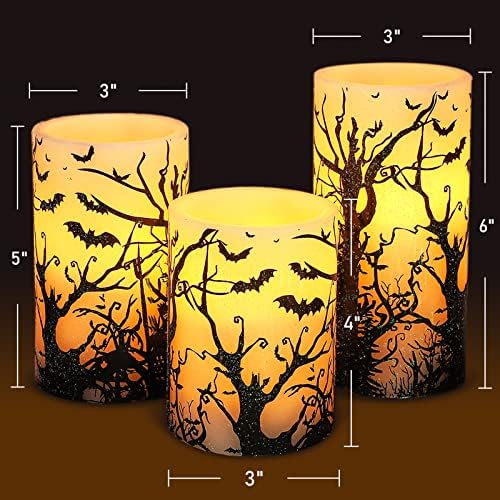 Halloween Flameless Candles Set of 3 Black Bat Decal LED Pillar Candles