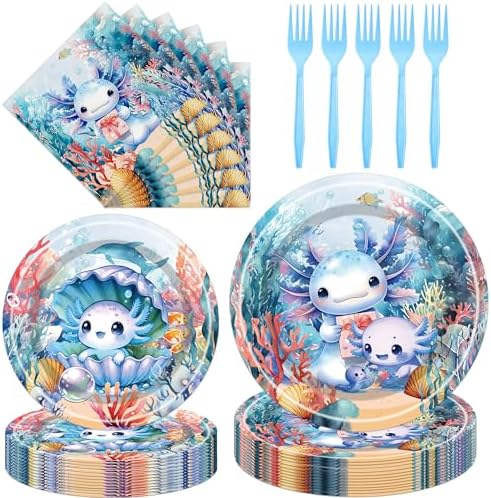 Blue Axolotl Themed Party Plates Set of 96 for 24 Guests
