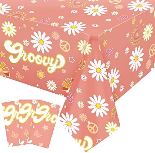 3 Pcs Groovy Table Covers Retro Daisy Rainbow Plastic Tablecloths