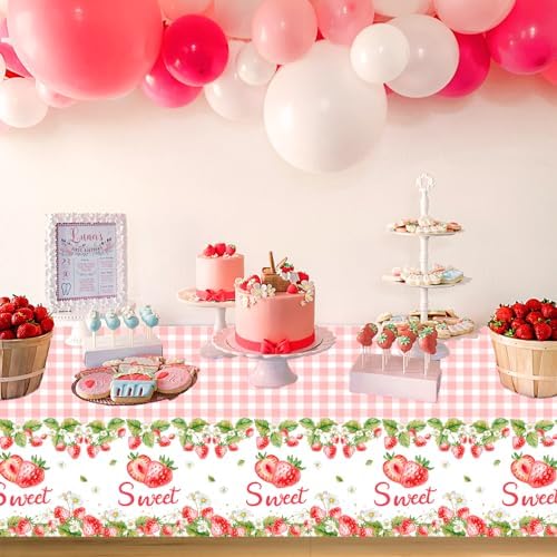 PHOGARY 2 Pack Strawberry Tablecloth Birthday Party Decorations