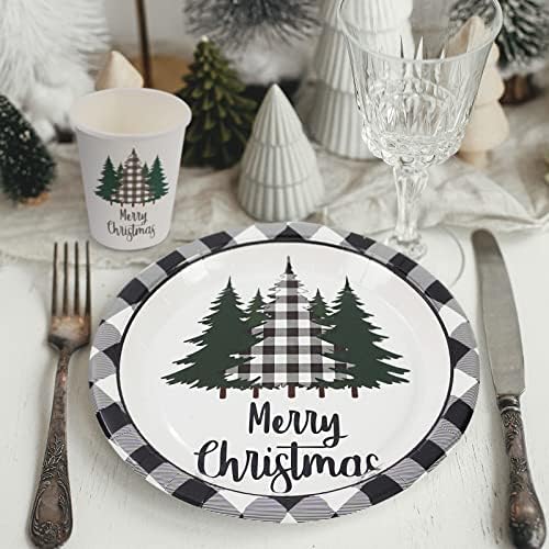 Whaline 100Pcs Christmas Tableware Set Plaid Tree Party Decor
