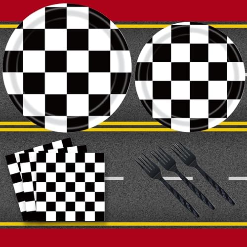 72PCS Black and White Checkered Birthday Plates Set for Kids Racing Party