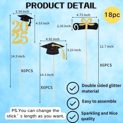 ALISSAR 18-Pack Double Sided Graduation Centerpiece Sticks - Class of 2025 Gold