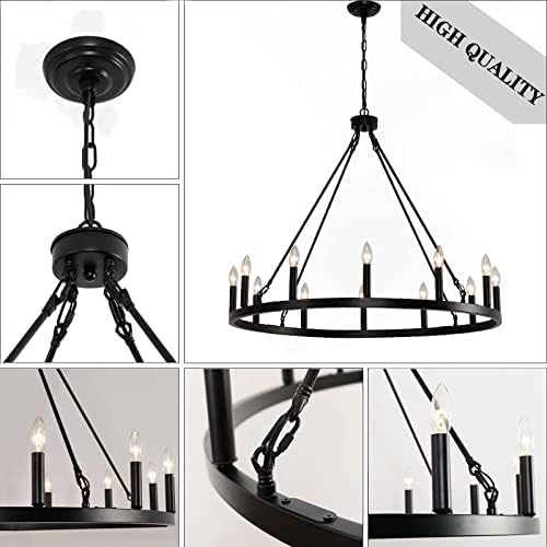 12 Light Wagon Wheel Chandelier Black Rustic Pendant