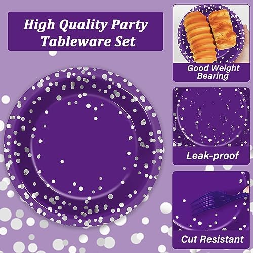 96 Pcs Purple Silver Dot Party Plates Napkins Set for 24 Guests