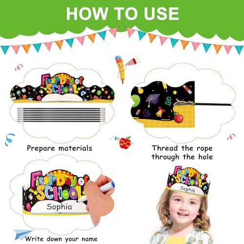 SICOHOME First Day of School Paper Crowns 24pcs Adjustable Hats for Kids