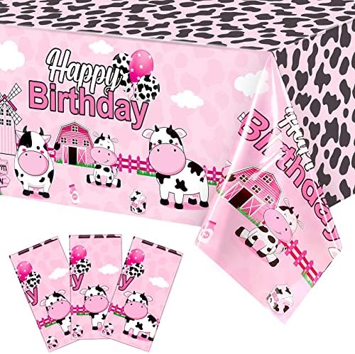 Tiamon 3 Piece Pink Cow Print Tablecloth for Birthday Parties