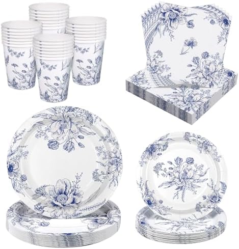 Kochorie 96 Piece Blue and White Floral Disposable Party Plates