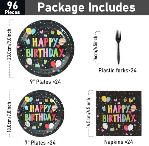 96 Pcs Birthday Plates and Napkins Set for 24 Guests