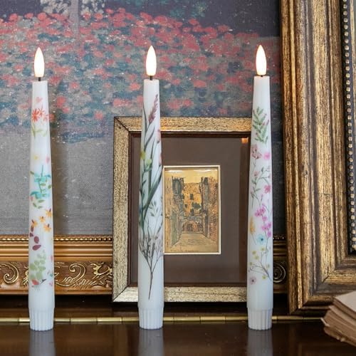 Spring Flameless Taper Candles with Flowers 3 Pack LED Remote Controlled