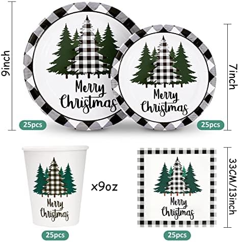 Whaline 100Pcs Christmas Tableware Set Plaid Tree Party Decor