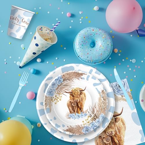 Highland Cow Baby Shower Tableware Set 24pcs Blue Boho Style