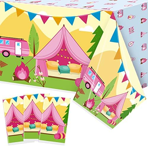 Pink Camping Plastic Tablecloths 3-Pack for Parties